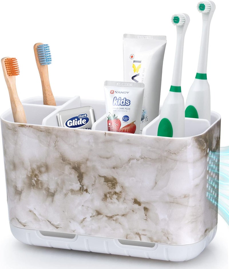 Boperzi Electric Toothbrush Holder for Bathroom Organizer Countertop, Detachable Anti-Slip Toothpaste Storage Caddy 6 Slots White Marble with Drainage Holes for Makeup Brush Razor Stand - Image 1